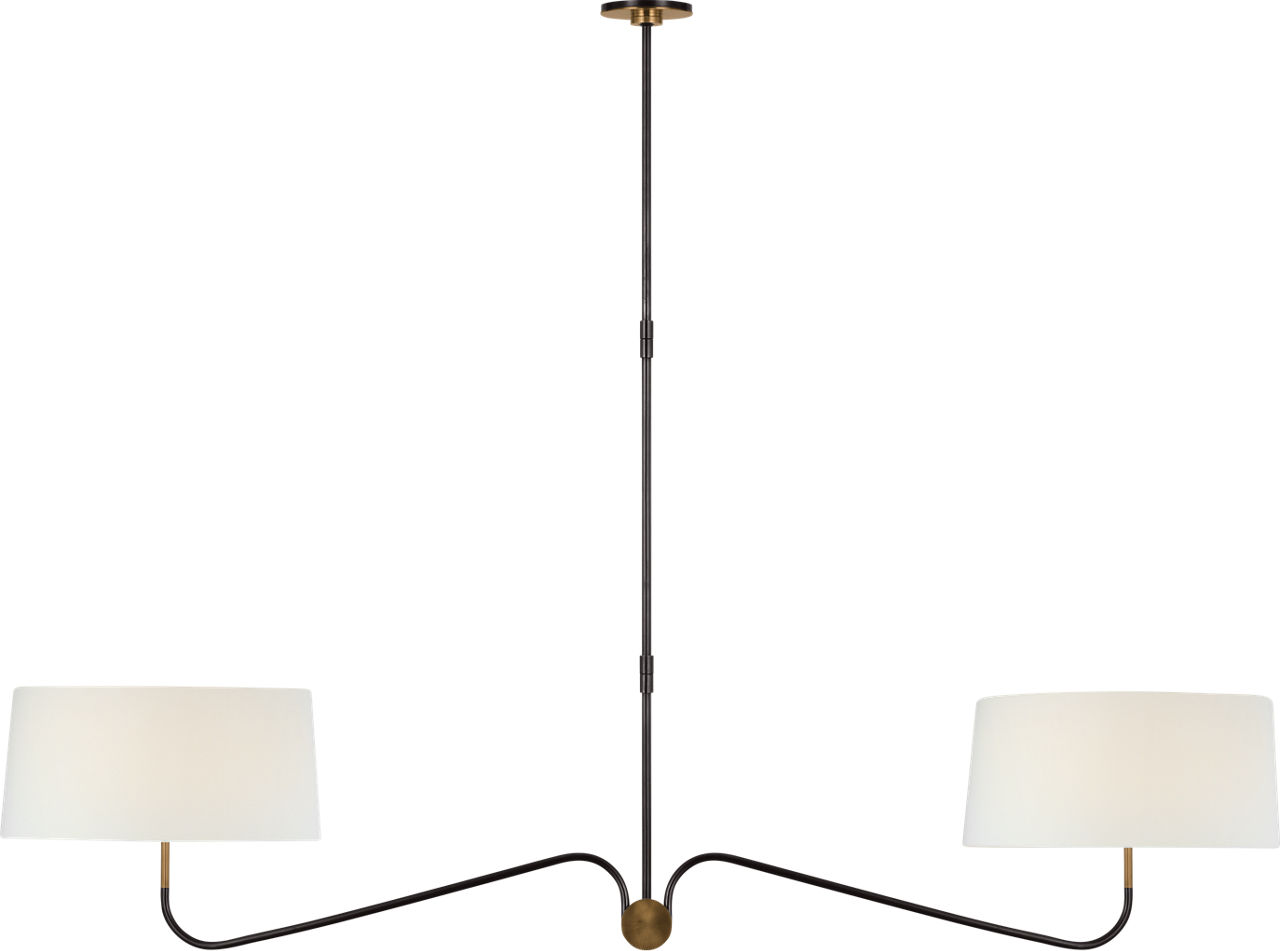 Canto 68" Linear Chandelier in Bronze and Brass with Linen Shades