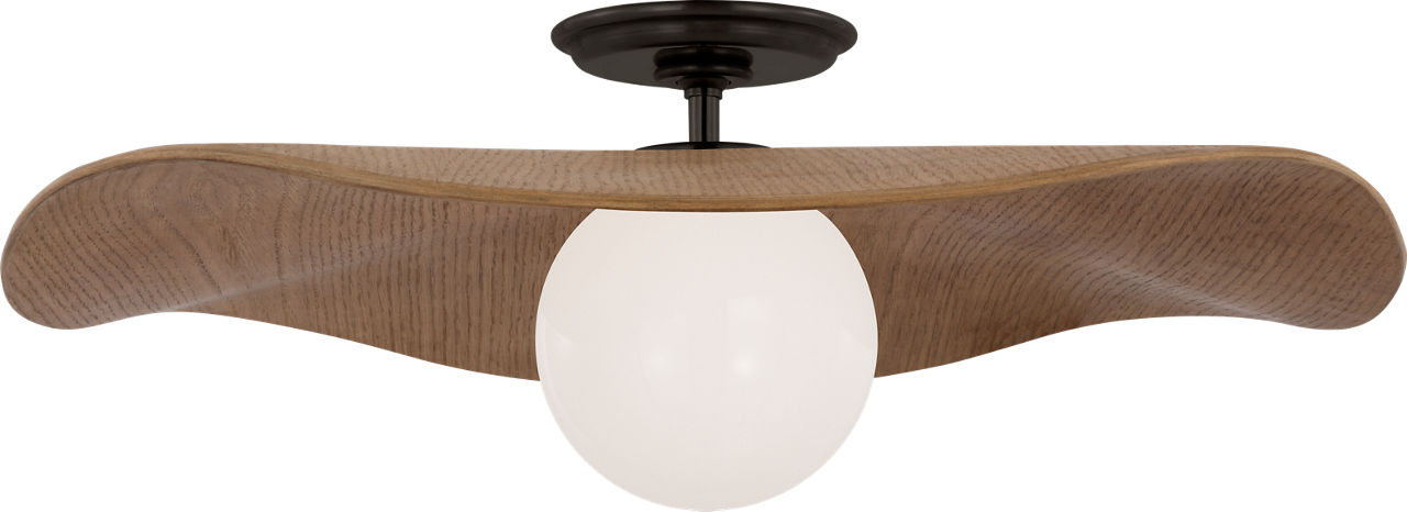 Mahalo 22" Semi-Flush Mount in Bronze and White Glass with Natural Oak Shade