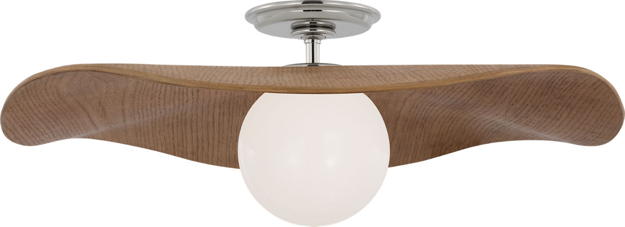 Mahalo 22" Semi-Flush Mount in Polished Nickel and White Glass with Natural Oak Shade