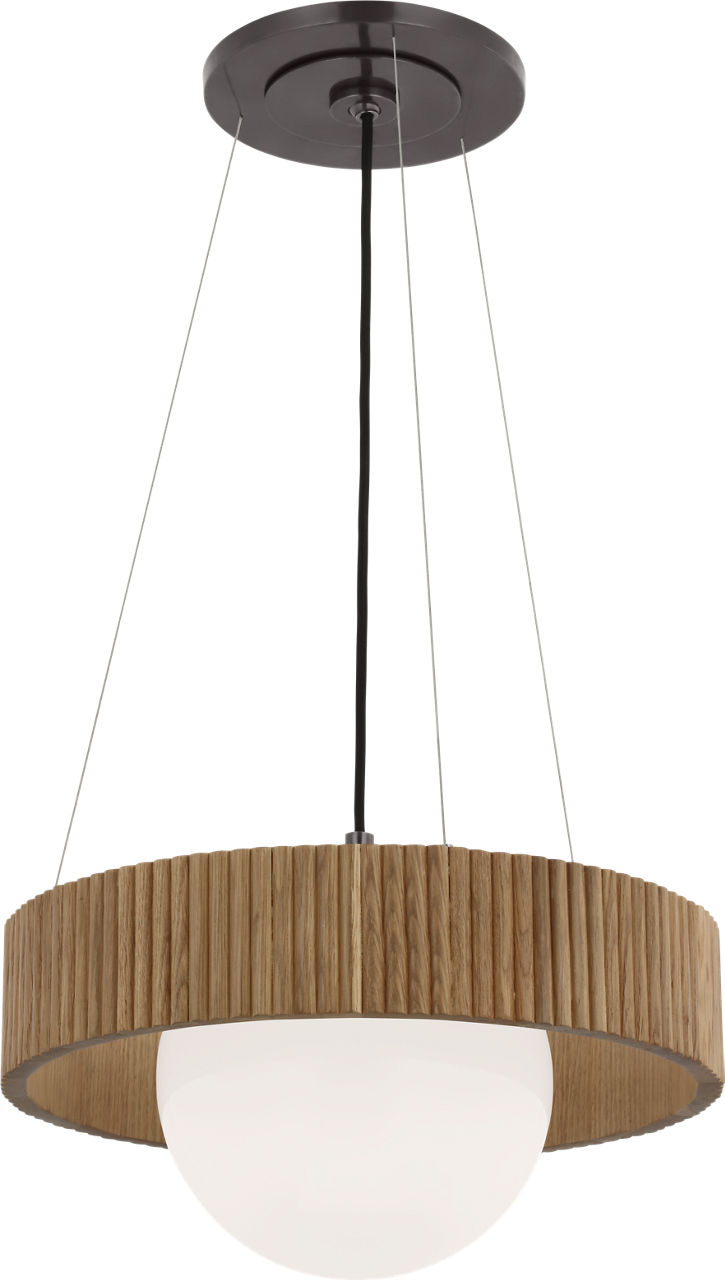 Arena 18" Ring and Globe Chandelier in Bronze and Natural Oak with White Glass