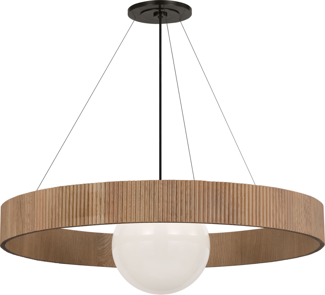 Arena 42" Ring and Globe Chandelier in Bronze and Natural Oak with White Glass