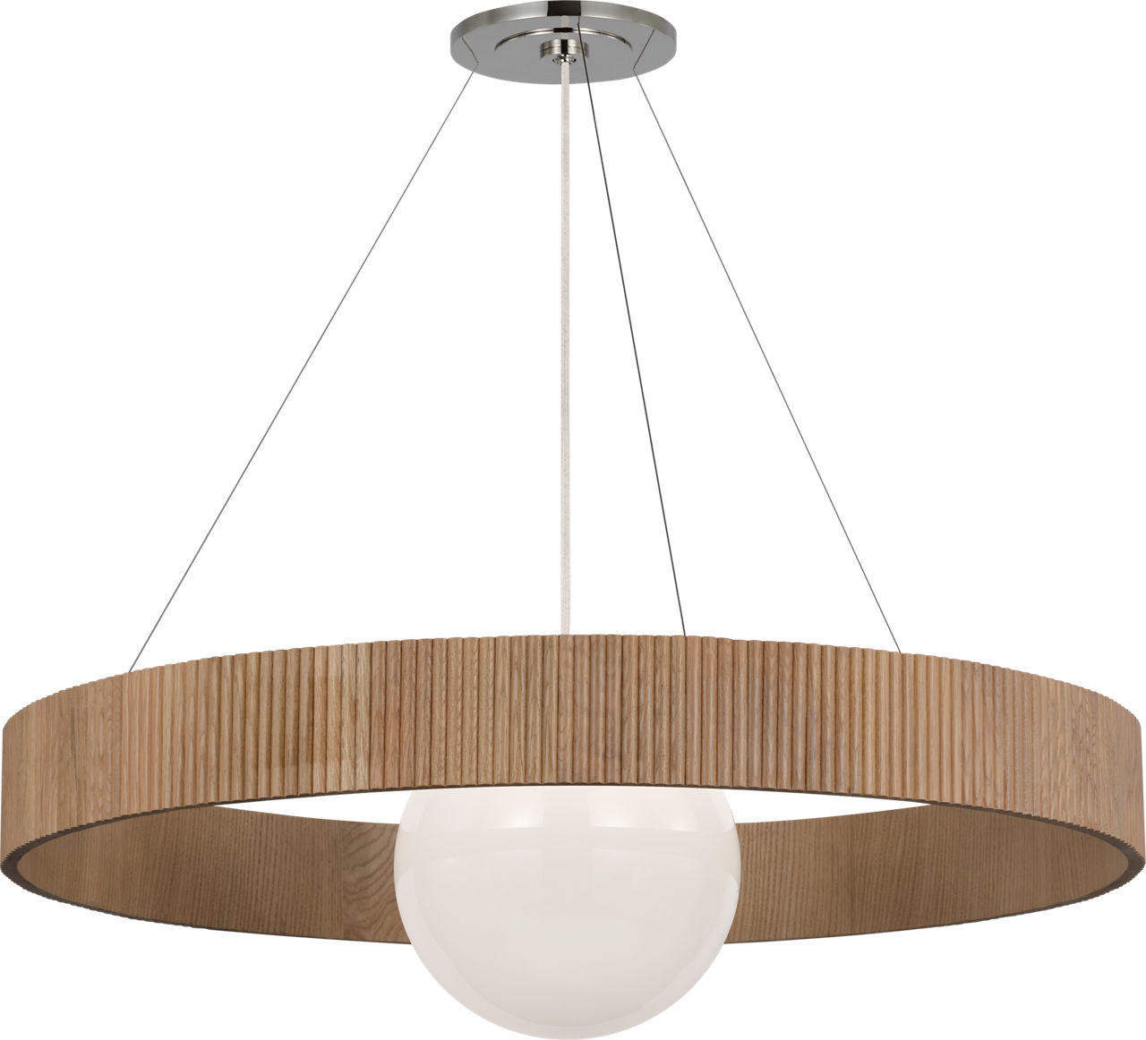 Arena 42" Ring and Globe Chandelier in Polished Nickel and Natural Oak with White Glass
