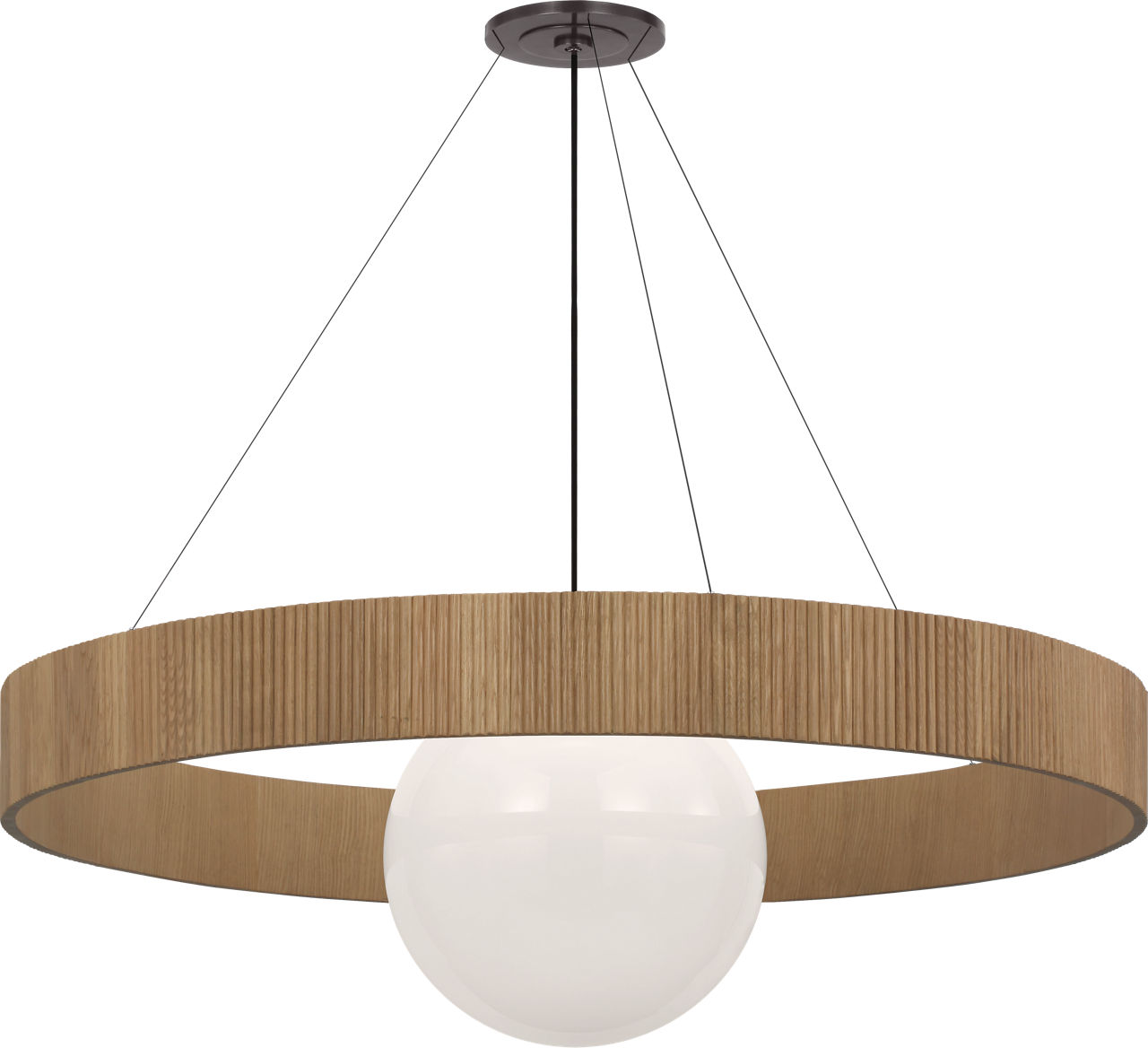 Arena 53" Ring and Globe Chandelier in Bronze and Natural Oak with White Glass