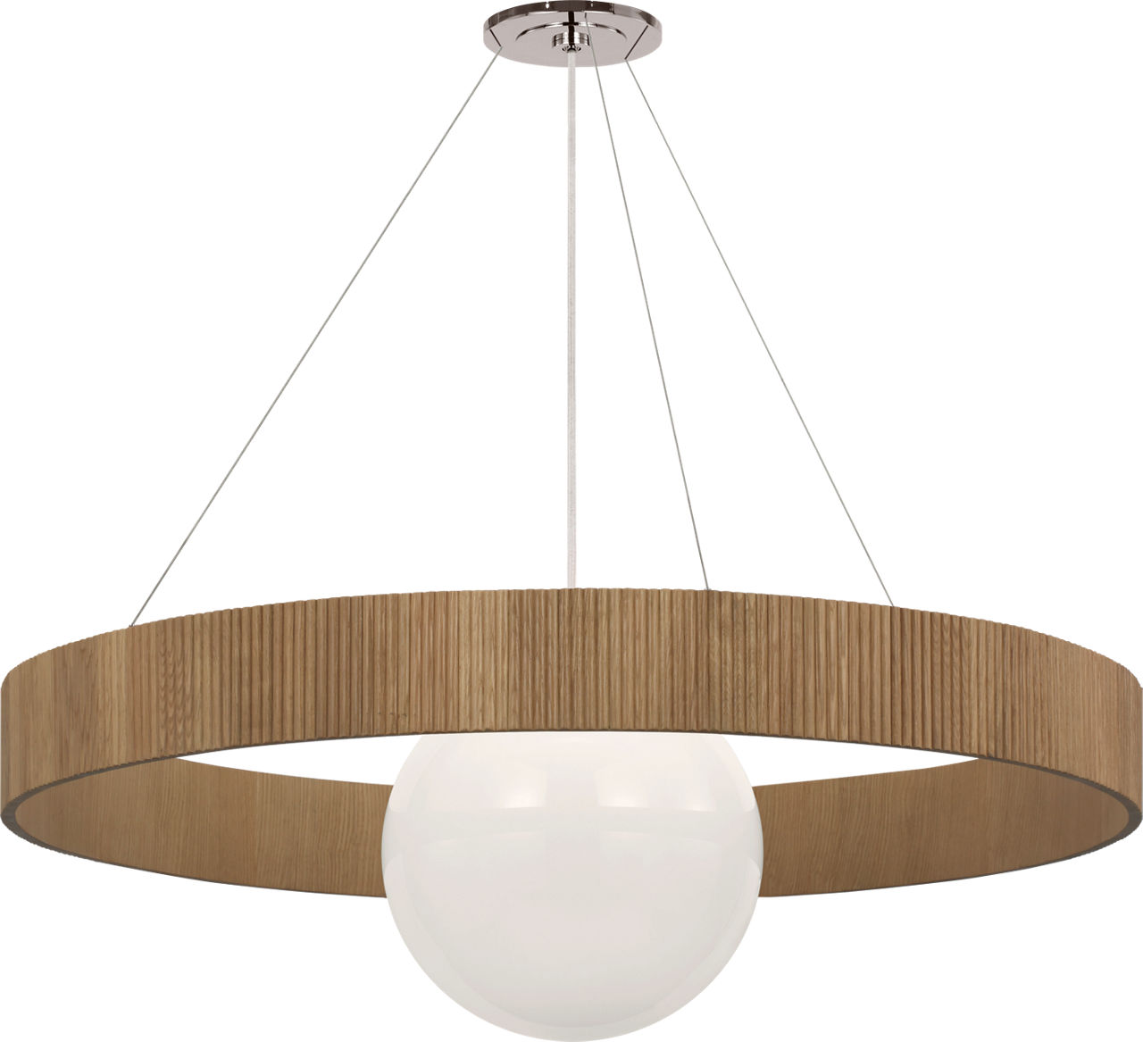 Arena 53" Ring and Globe Chandelier in Polished Nickel and Natural Oak with White Glass
